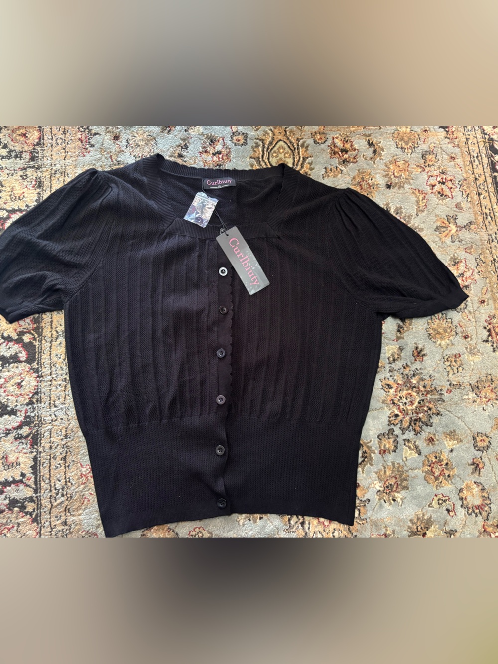 NWT Vintage Black Short-Sleeve Button-Front Knit Cardigan Whimsigoth